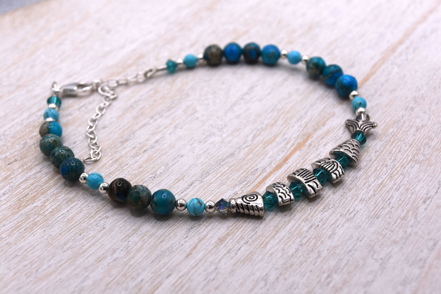Adjustable Blue Agate Fish Bead Ankle Bracelet, Sterling Silver