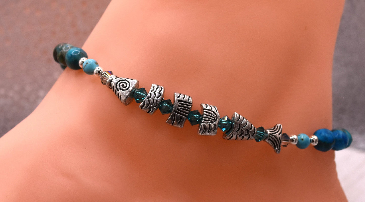 Adjustable Blue Agate Fish Bead Ankle Bracelet, Sterling Silver