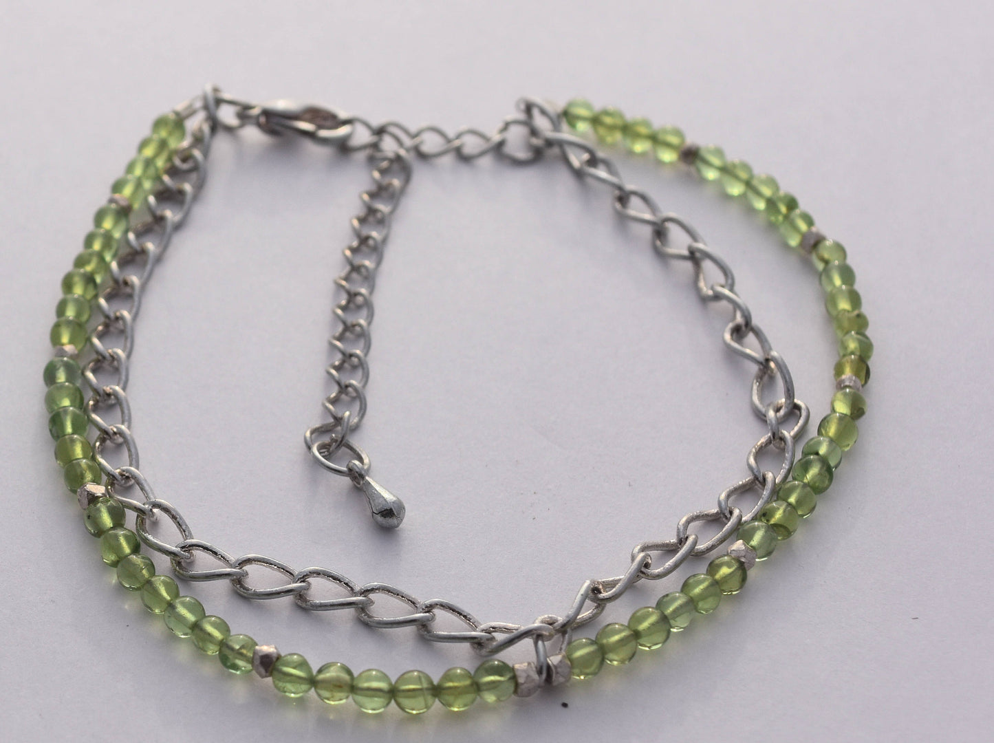 Gemstone Bracelet, Peridot, Green Beads, Chain, Silver, Adjustable 8.5"