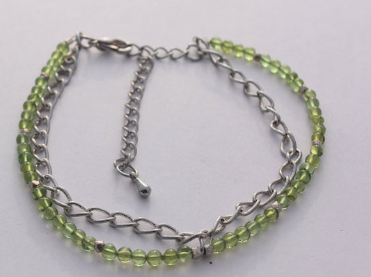 Gemstone Bracelet, Peridot, Green Beads, Chain, Silver, Adjustable 8.5"