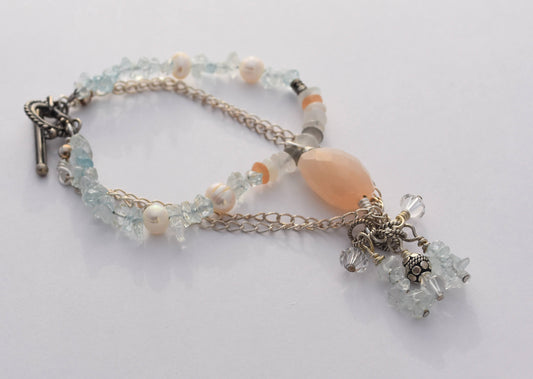 Aquamarine Chain Bracelet, Peach Moonstone,  Swarovski  Crystals, Sterling Silver, Freshwater Pearl, Beaded 7"