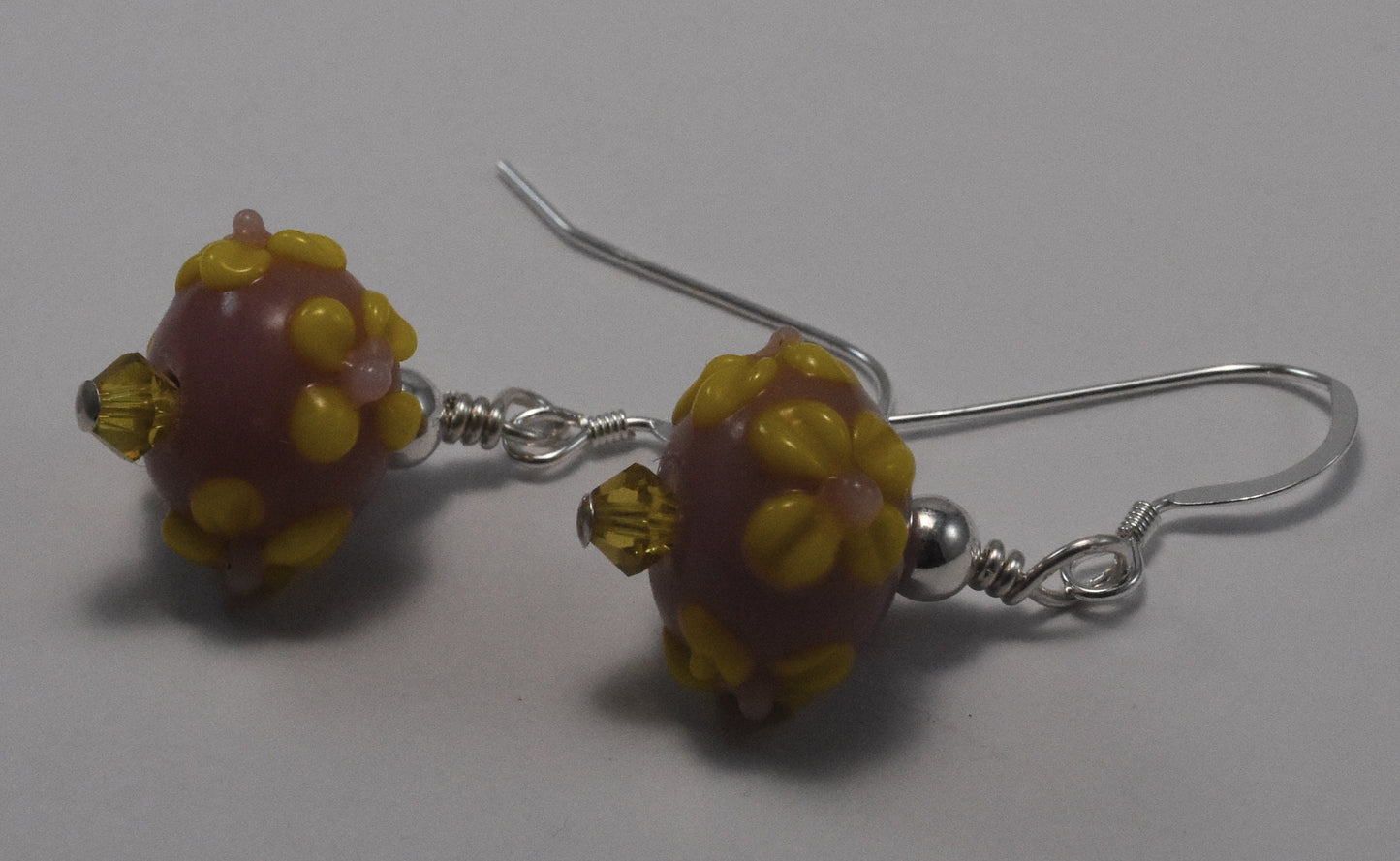 Lampwork Bead Earrings, Crystal Bicones, Yellow and Pink, Easter Dangles, Spring, Sterling Silver Ear Wires, 1" Dangles