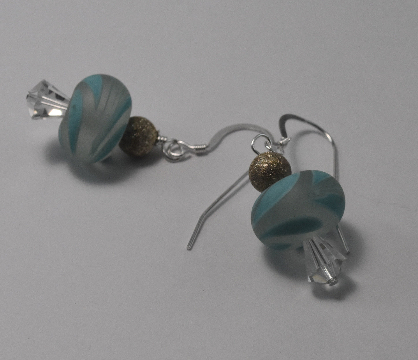 Blue Lampwork Earrings, Lampwork Beads, Stardust Beads, Crystal, Sterling Silver French Hook, Wire Wrapped, 1"