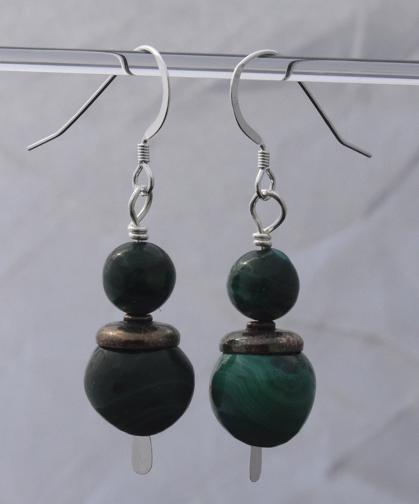 Malachite Earrings, Green Gemstone Beads, Sterling Silver Ear Wires, 1.5 inch Dangles, Gemsone Earrings, Antiqued Silver Bead Caps