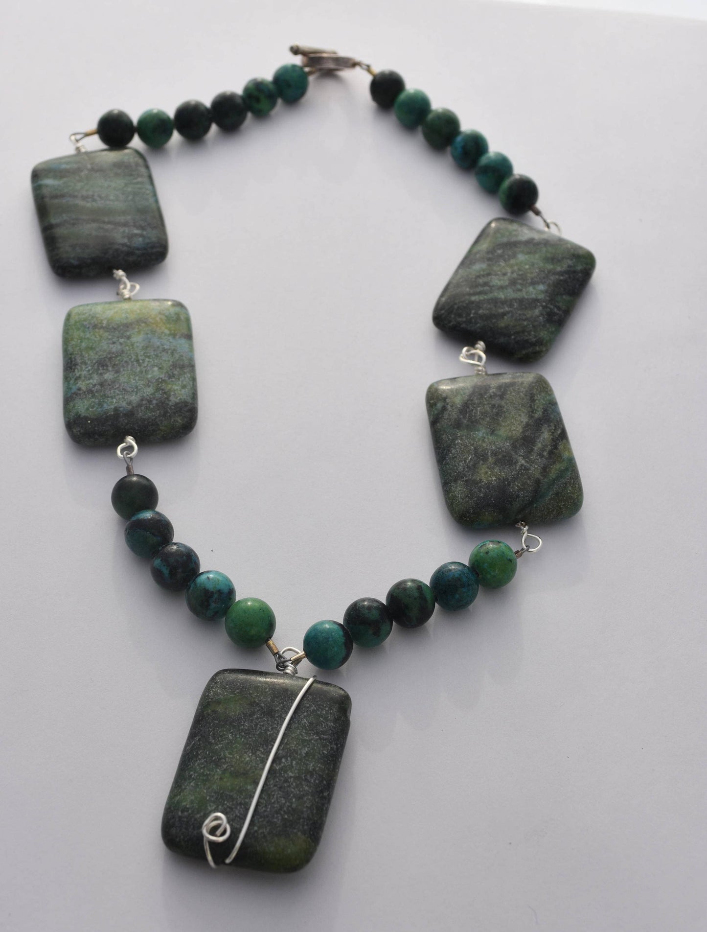 Chrysocolla Necklace, Wire Wrapped, Pendant Necklace, Sterling Silver, Semiprecious Beads 20"