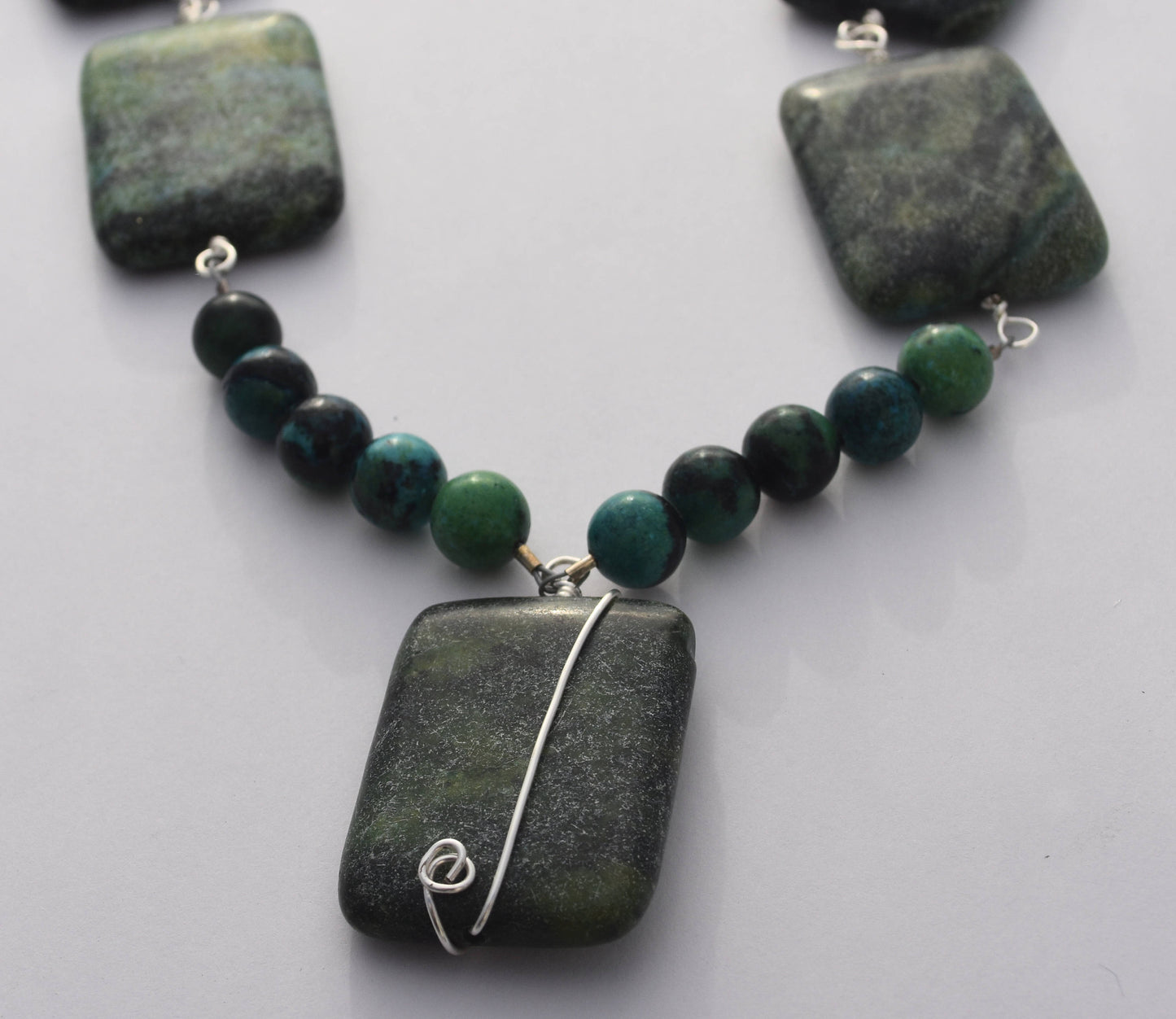 Chrysocolla Necklace, Wire Wrapped, Pendant Necklace, Sterling Silver, Semiprecious Beads 20"