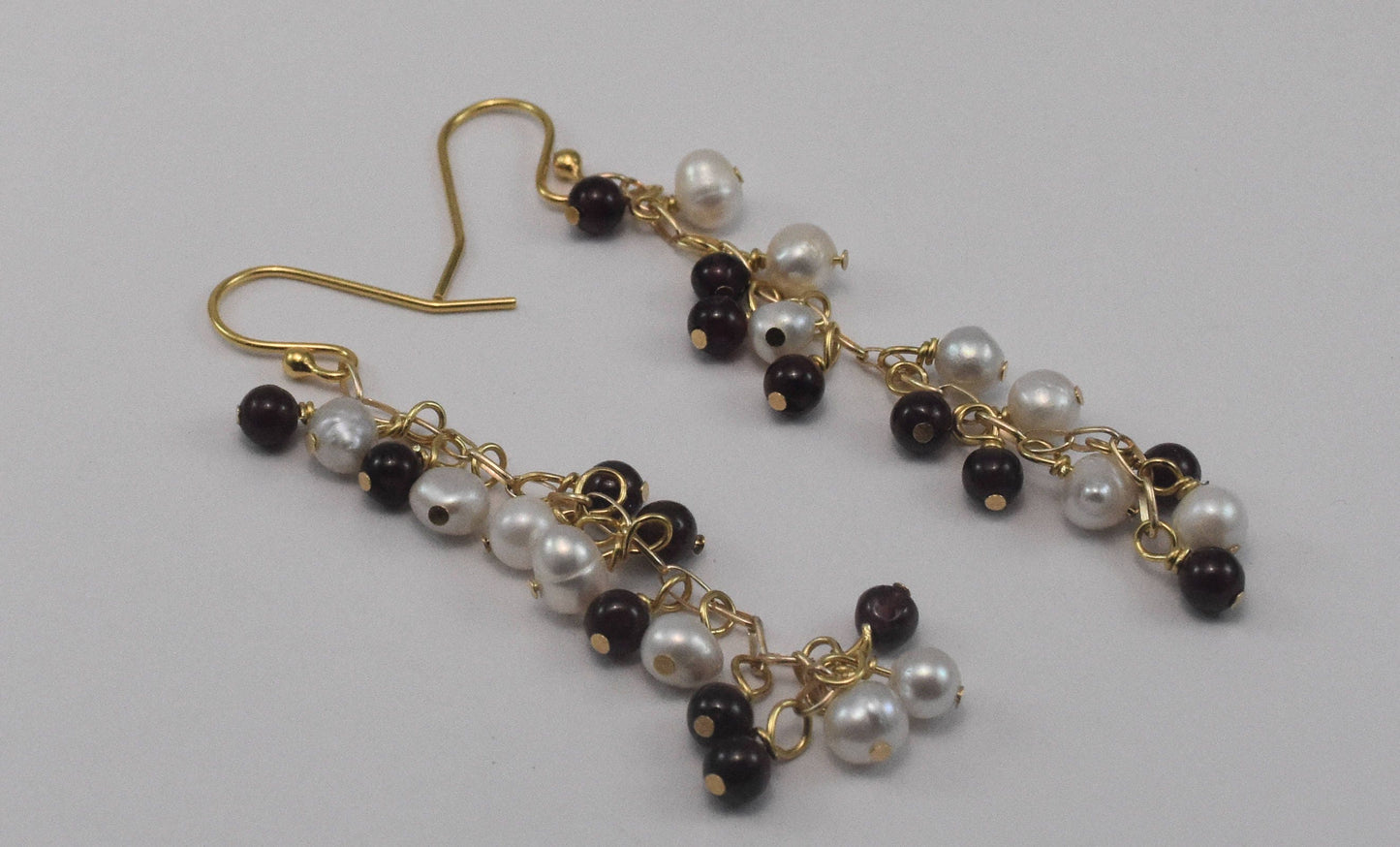 Pearl and Garnet Chain Earrings, GF Ear Wires, 2" dangles