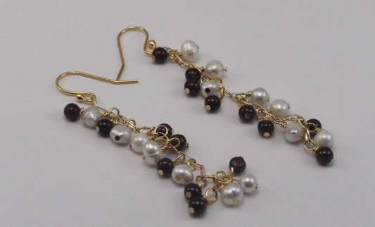 Pearl and Garnet Chain Earrings, GF Ear Wires, 2" dangles