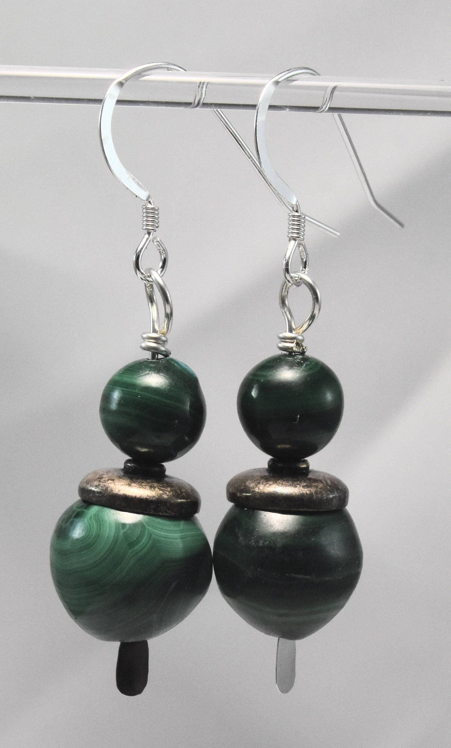 Malachite Earrings, Green Gemstone Beads, Sterling Silver Ear Wires, 1.5 inch Dangles, Gemsone Earrings, Antiqued Silver Bead Caps