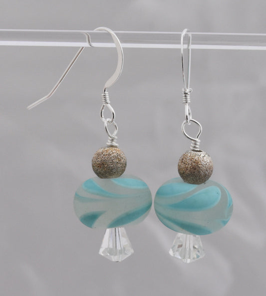 Blue Lampwork Earrings, Lampwork Beads, Stardust Beads, Crystal, Sterling Silver French Hook, Wire Wrapped, 1"