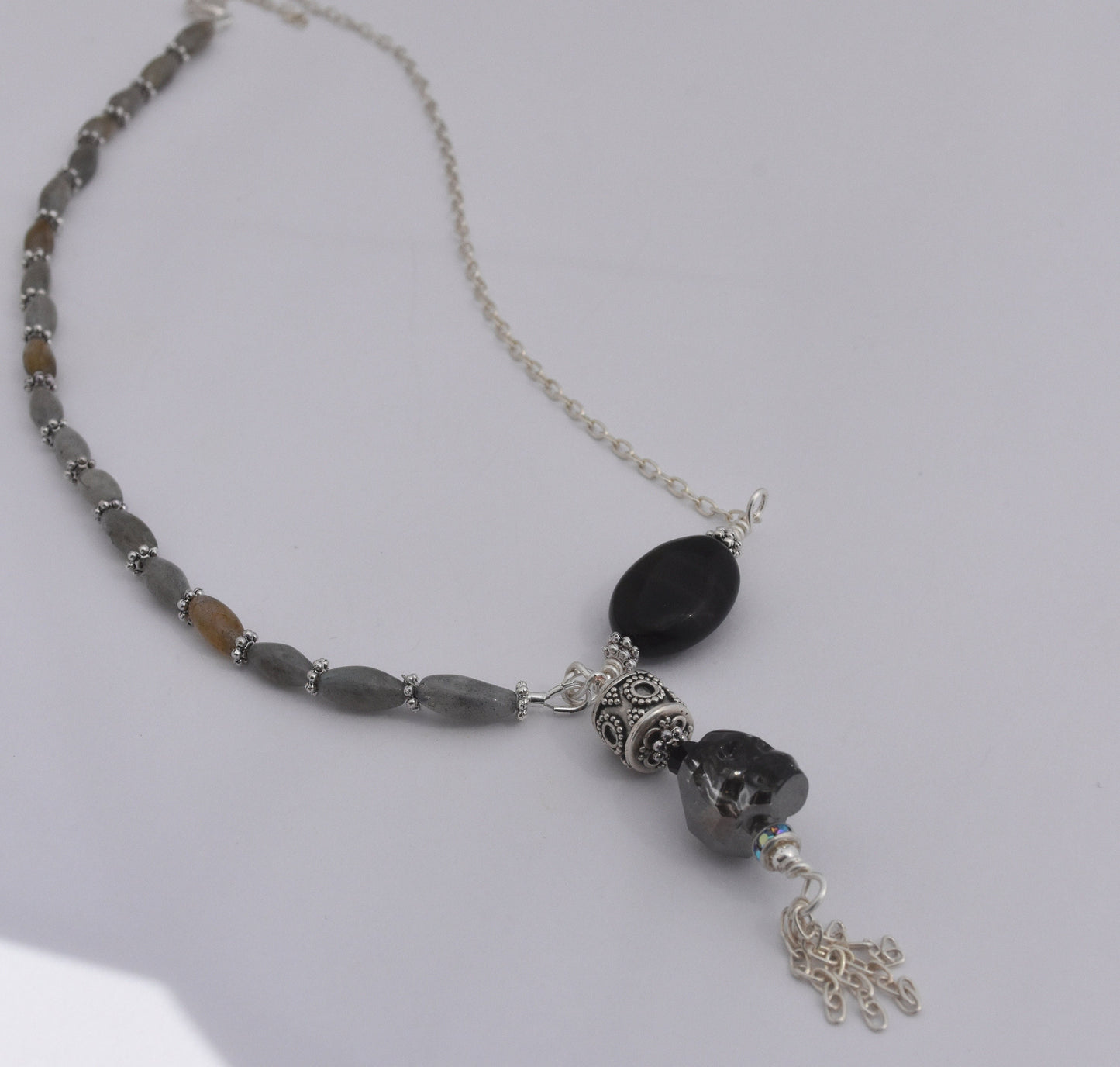 Skull Necklace, Sterling Silver Beads and Chain, Black Agate, Labradorite, Gothic Skull, 16"