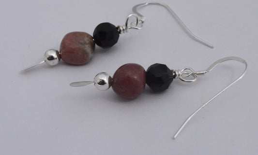 Rhodochrosite Earrings, Pink Dainty Dangles, Black Crystal Beads, Hand Wire Wrapped, SS Beads, Sterling Silver Ear Wires, 1" Drop