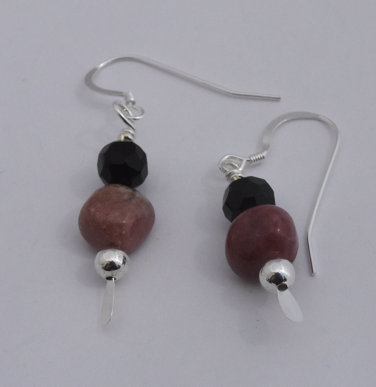 Rhodochrosite Earrings, Pink Dainty Dangles, Black Crystal Beads, Hand Wire Wrapped, SS Beads, Sterling Silver Ear Wires, 1" Drop
