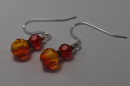 Fire Opal Crystal Earrings, Red and Orange, Crystal Beads, Sterling Silver, Dainty, Dangles, Handmade, 3/4"