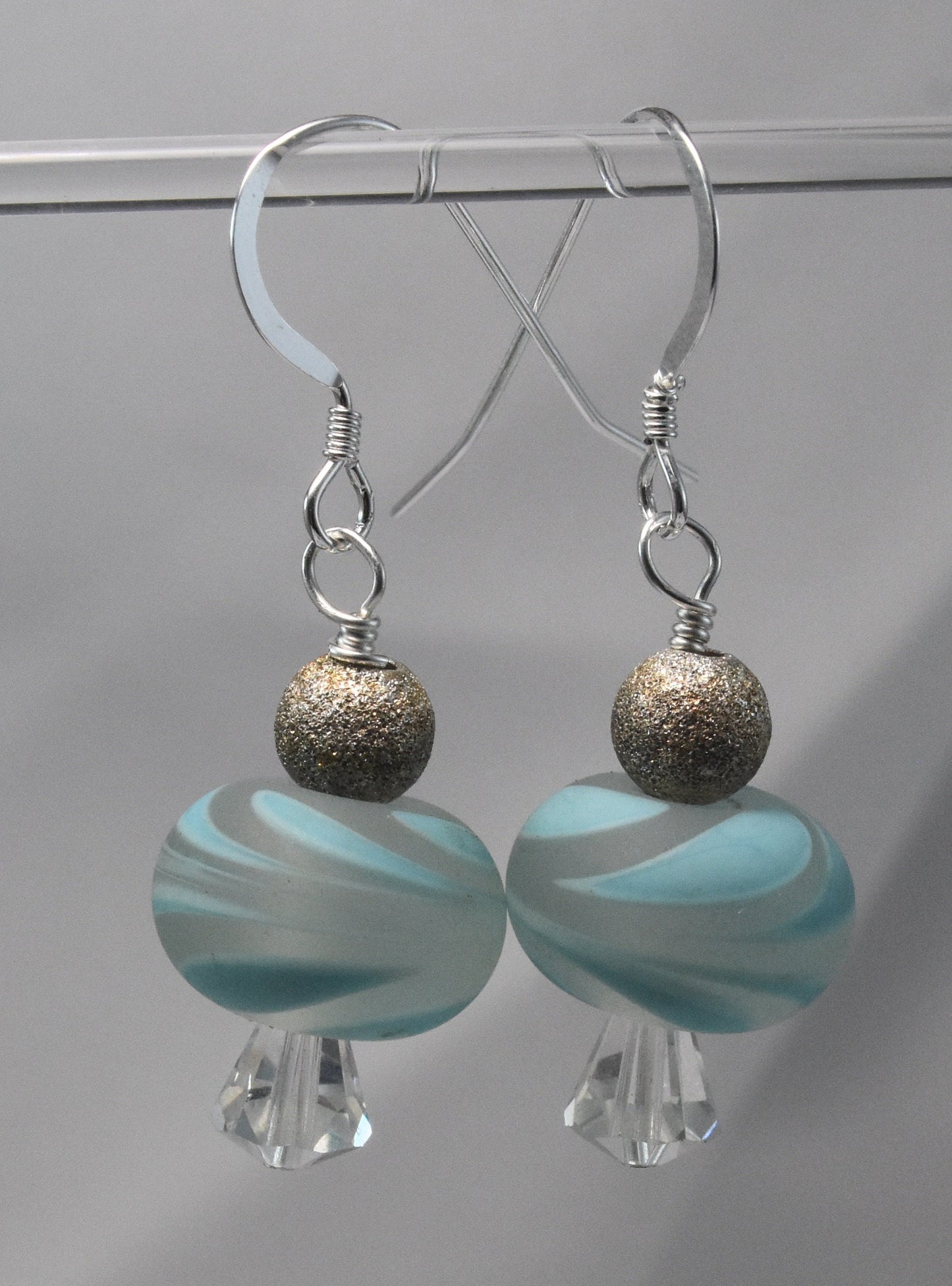 Blue Lampwork Earrings, Lampwork Beads, Stardust Beads, Crystal, Sterling Silver French Hook, Wire Wrapped, 1"