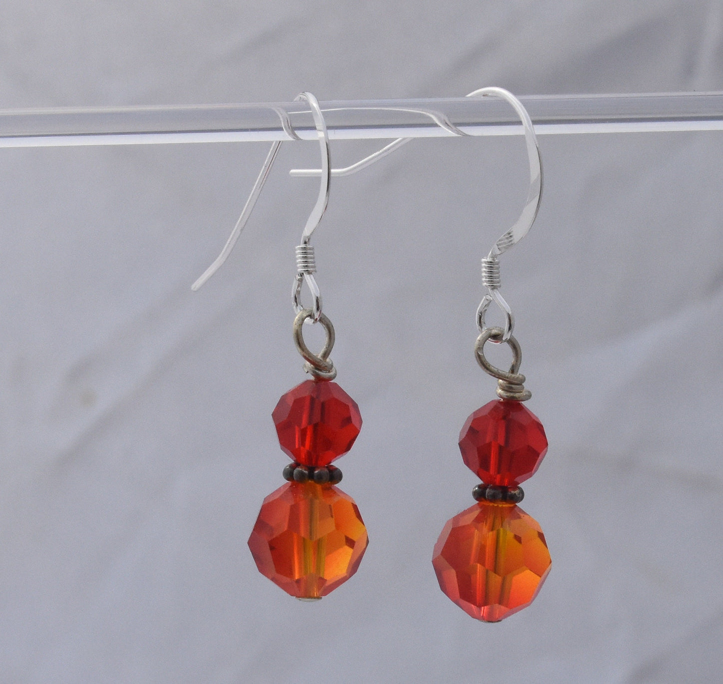Fire Opal Crystal Earrings, Red and Orange, Crystal Beads, Sterling Silver, Dainty, Dangles, Handmade, 3/4"
