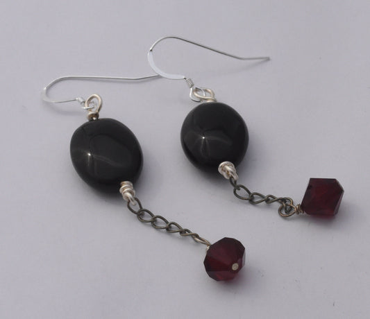 Black Agate Chain Earrings, Blood Red Crystals, Gothic Black Dangles, Sterling Silver Ear Wires, 2" Dangles