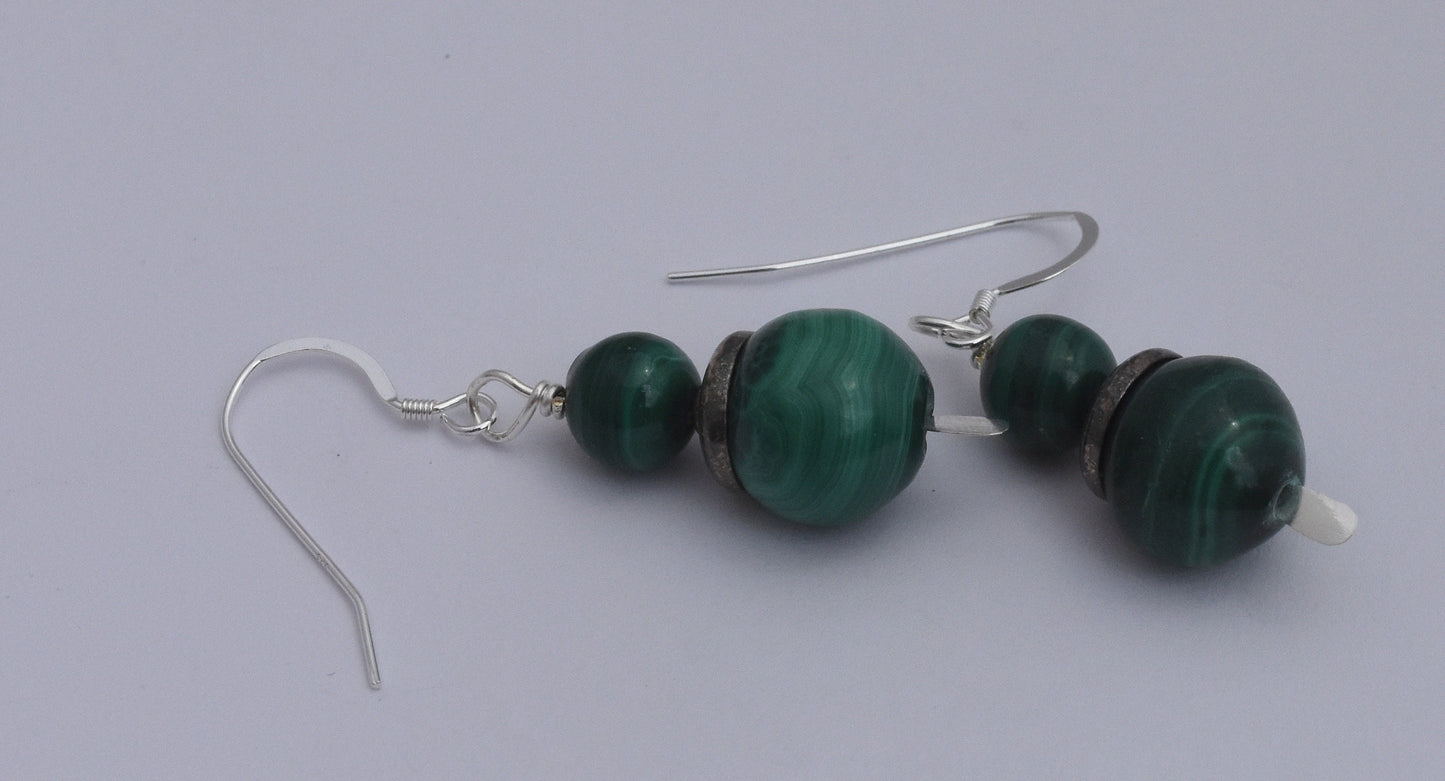 Malachite Earrings, Green Gemstone Beads, Sterling Silver Ear Wires, 1.5 inch Dangles, Gemsone Earrings, Antiqued Silver Bead Caps
