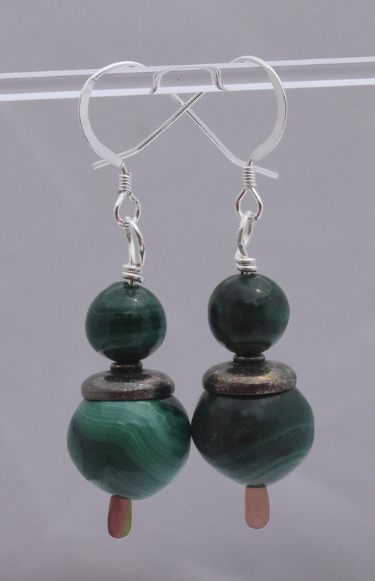 Malachite Earrings, Green Gemstone Beads, Sterling Silver Ear Wires, 1.5 inch Dangles, Gemsone Earrings, Antiqued Silver Bead Caps