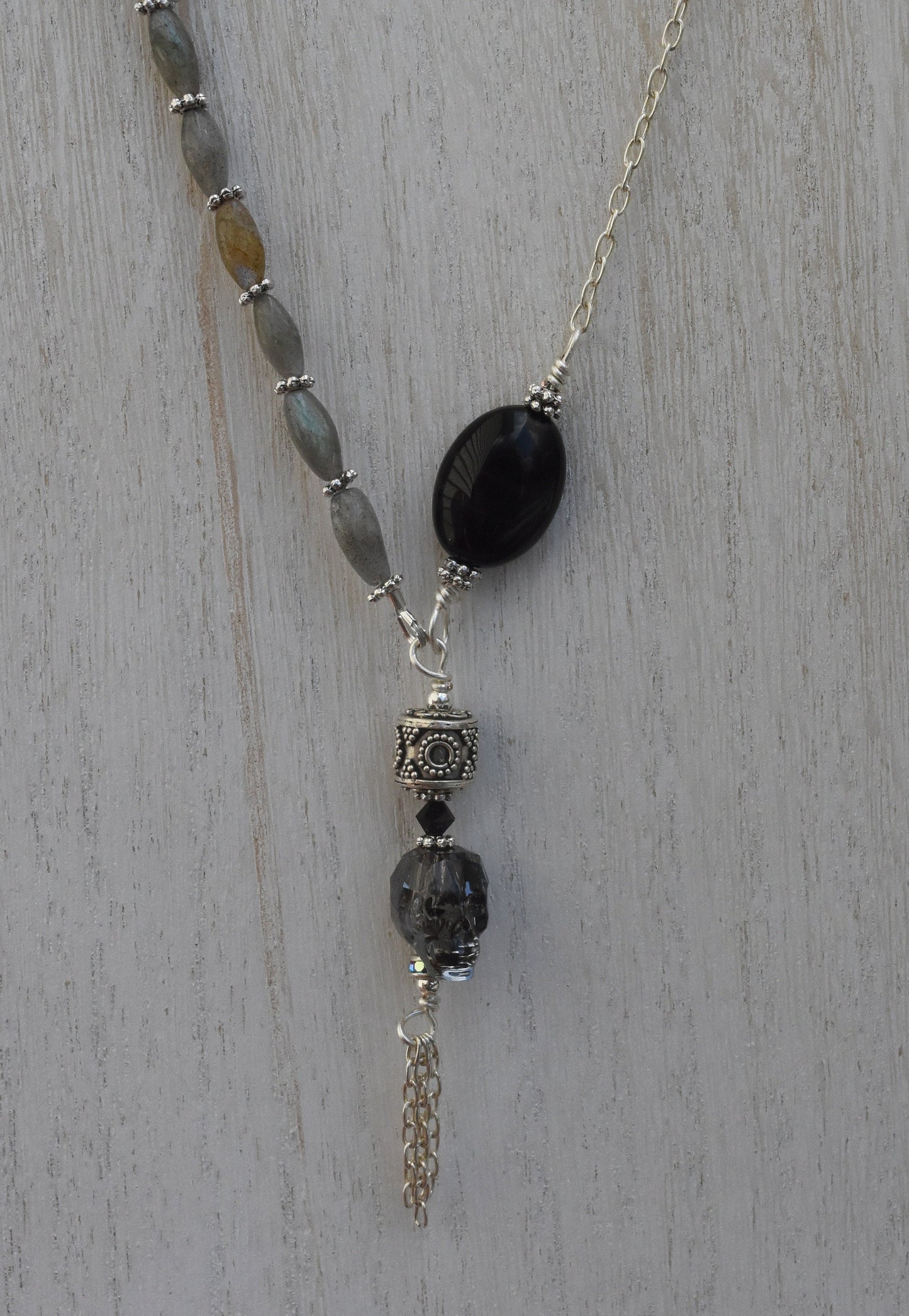 Skull Necklace, Sterling Silver Beads and Chain, Black Agate, Labradorite, Gothic Skull, 16"