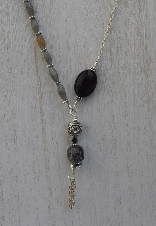 Skull Necklace, Sterling Silver Beads and Chain, Black Agate, Labradorite, Gothic Skull, 16"