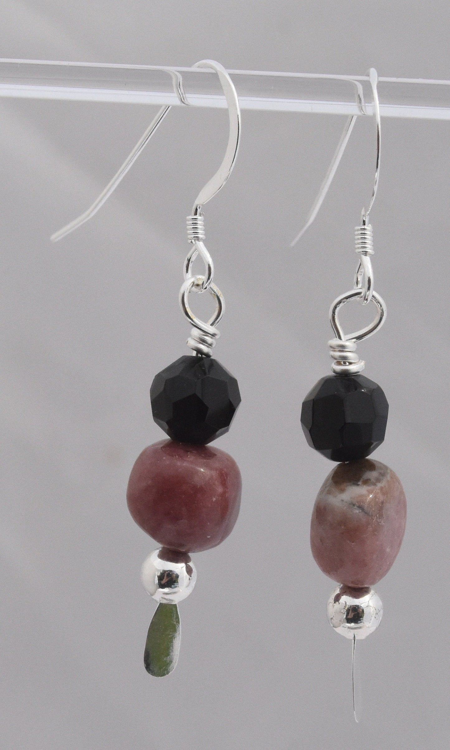 Rhodochrosite Earrings, Pink Dainty Dangles, Black Crystal Beads, Hand Wire Wrapped, SS Beads, Sterling Silver Ear Wires, 1" Drop