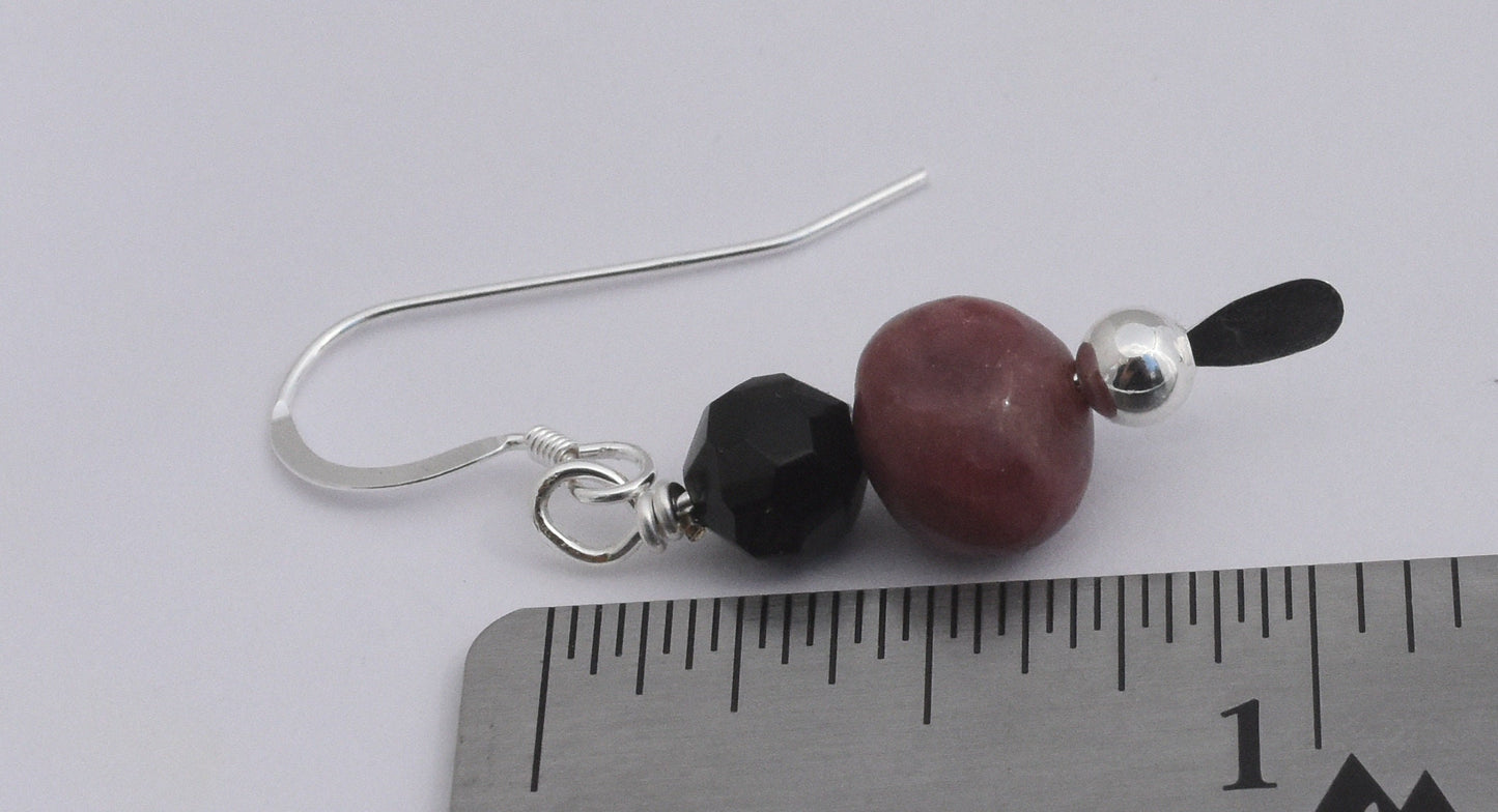 Rhodochrosite Earrings, Pink Dainty Dangles, Black Crystal Beads, Hand Wire Wrapped, SS Beads, Sterling Silver Ear Wires, 1" Drop