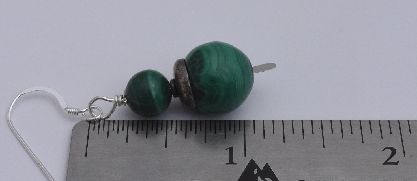 Malachite Earrings, Green Gemstone Beads, Sterling Silver Ear Wires, 1.5 inch Dangles, Gemsone Earrings, Antiqued Silver Bead Caps
