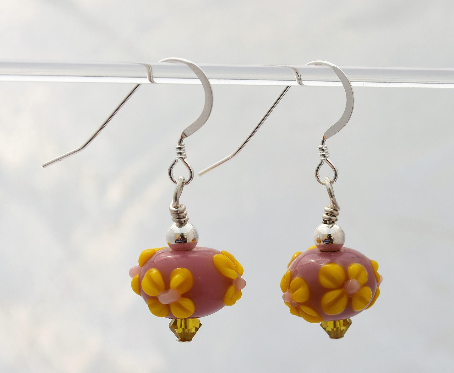 Lampwork Bead Earrings, Crystal Bicones, Yellow and Pink, Easter Dangles, Spring, Sterling Silver Ear Wires, 1" Dangles