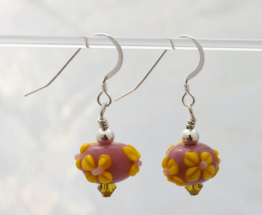 Lampwork Bead Earrings, Crystal Bicones, Yellow and Pink, Easter Dangles, Spring, Sterling Silver Ear Wires, 1" Dangles