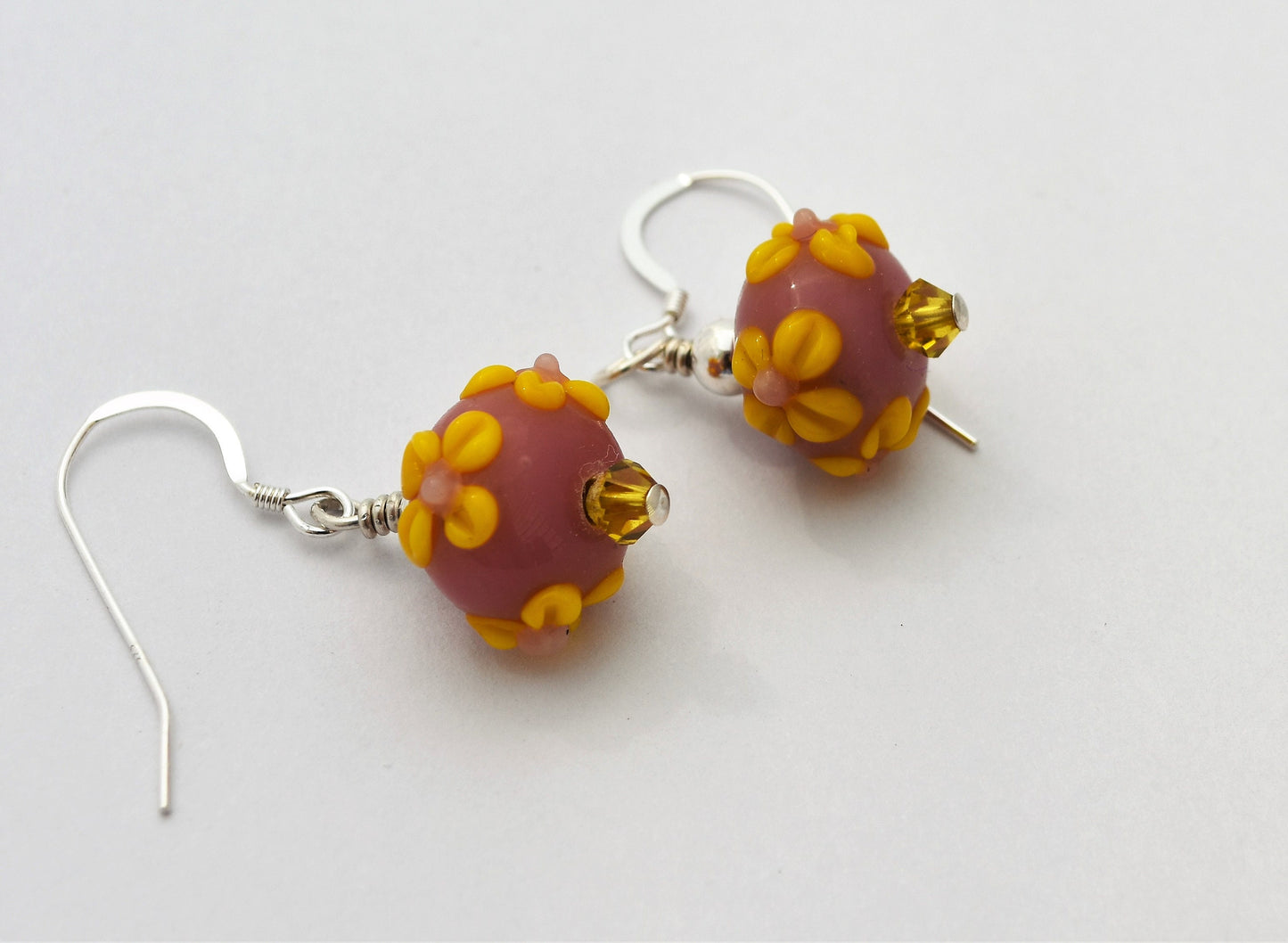 Lampwork Bead Earrings, Crystal Bicones, Yellow and Pink, Easter Dangles, Spring, Sterling Silver Ear Wires, 1" Dangles