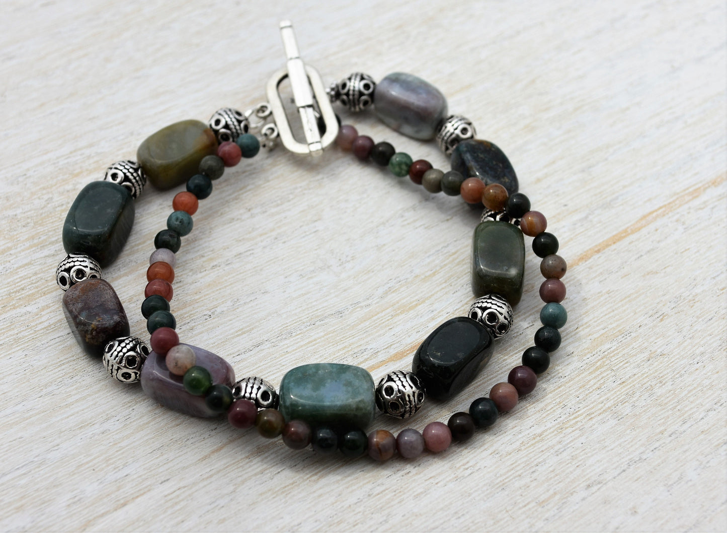 Boho Indian Agate Bracelet with Sterling Silver Toggle, 2 Strand, 7.5" Length