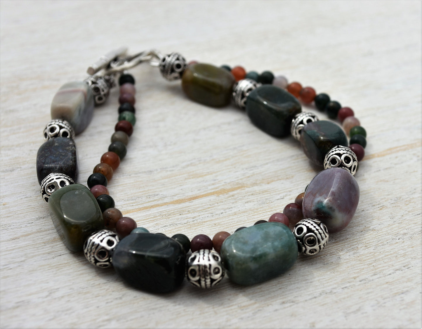 Boho Indian Agate Bracelet with Sterling Silver Toggle, 2 Strand, 7.5" Length