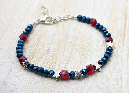 Red White and Blue Stars Bracelet, Adjustable to 8"