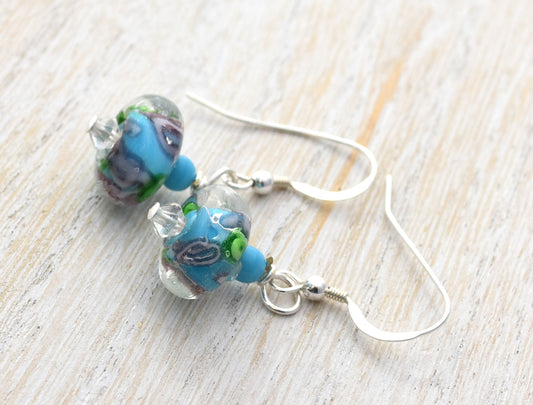 Flower Lampwork Earrings, Sterling Silver Ear Wires, Handmade, 1.25" Dangles