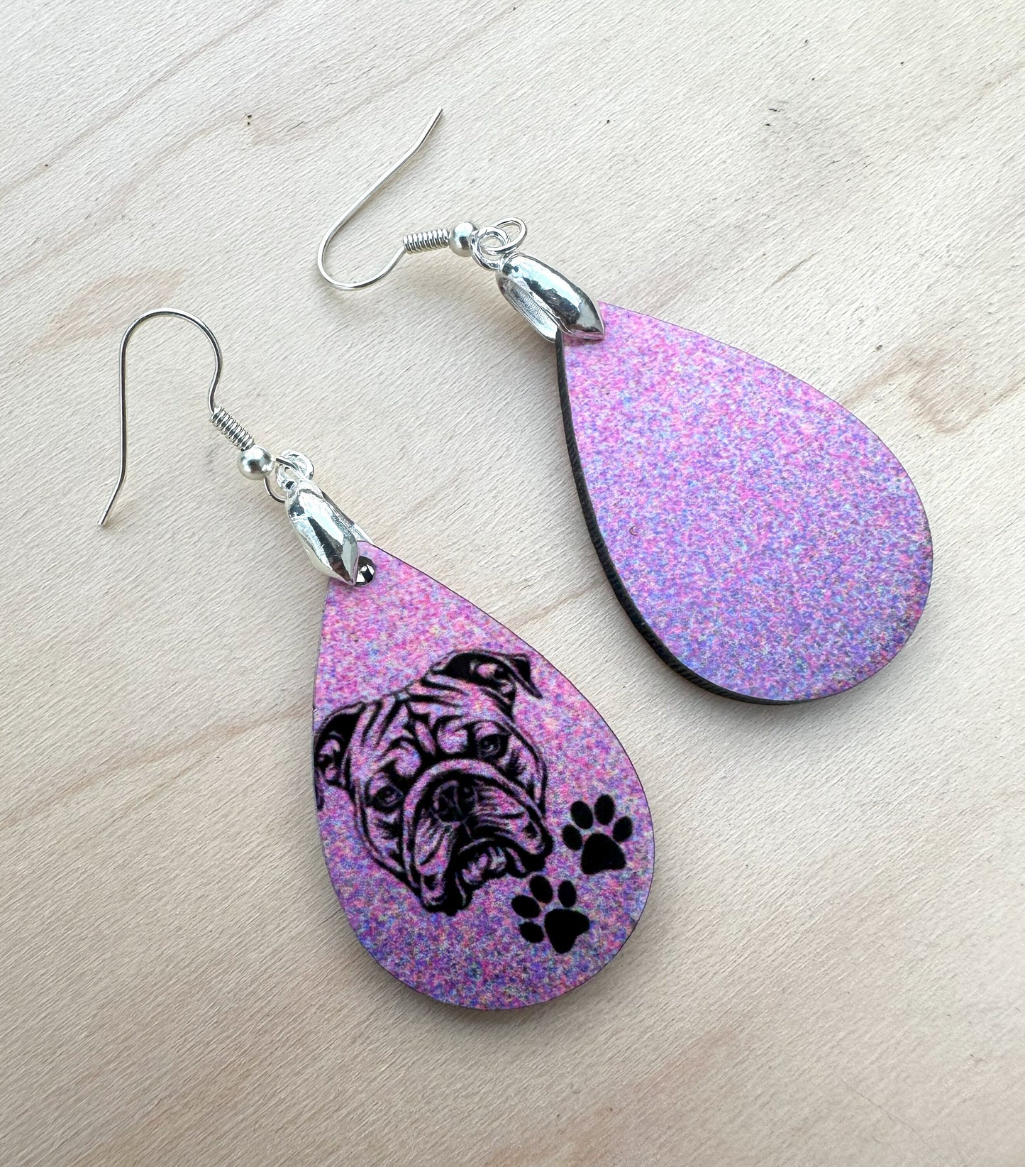 English Bulldog Dog Breed Earrings, Silver Plated Ear Wires