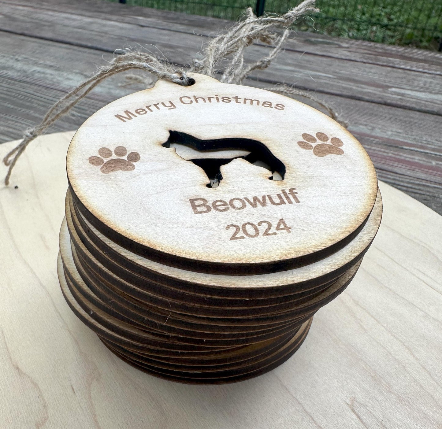 Personalized Dog Christmas Ornament, Maple Wood Laser Cut and Engraved