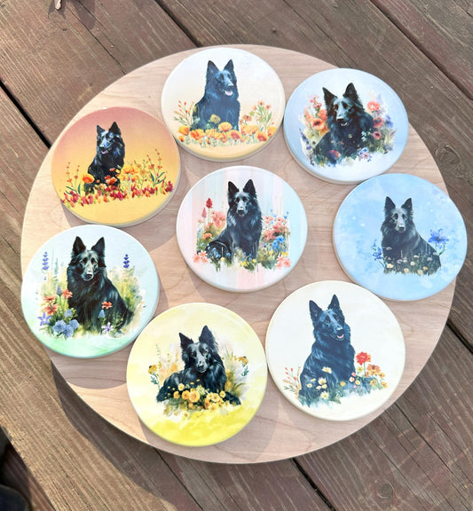 Set of Two Belgian Sheepdog Ceramic Coasters, Groenendael Decor