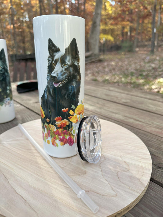 Belgian Sheepdog  Fall Flowers Metal Tumbler, Choose Your Design, 20oz with No Spill Lid
