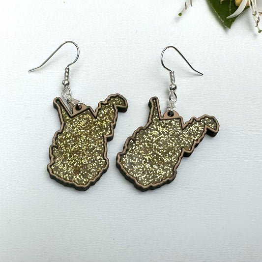 West Virginia Gold Glitter State Earrings, Acrylic Inlay