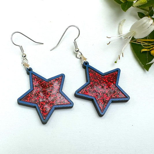 American Star Blue and Red Glitter Acrylic Earrings