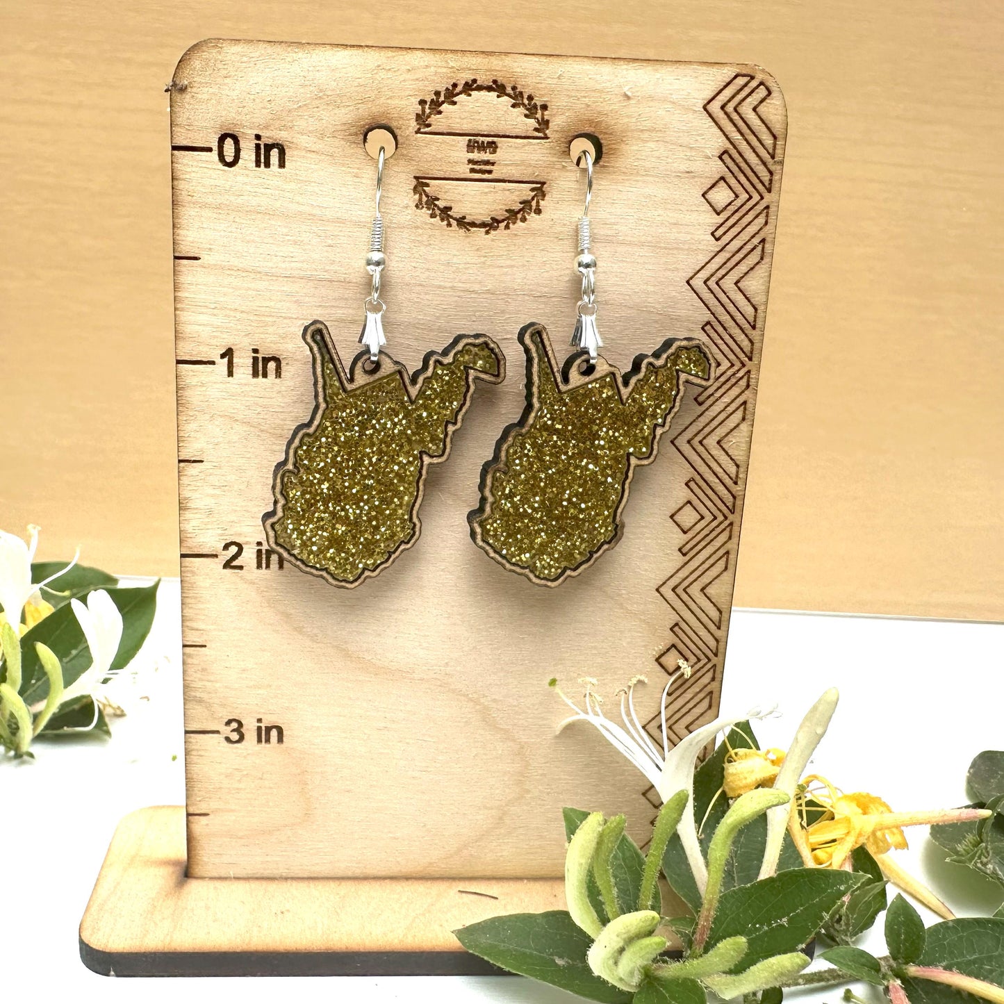 West Virginia Gold Glitter State Earrings, Acrylic Inlay