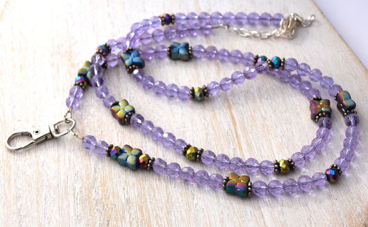 Adjustable Purple Flower Beaded Lanyard, Swivel Clip, 26"