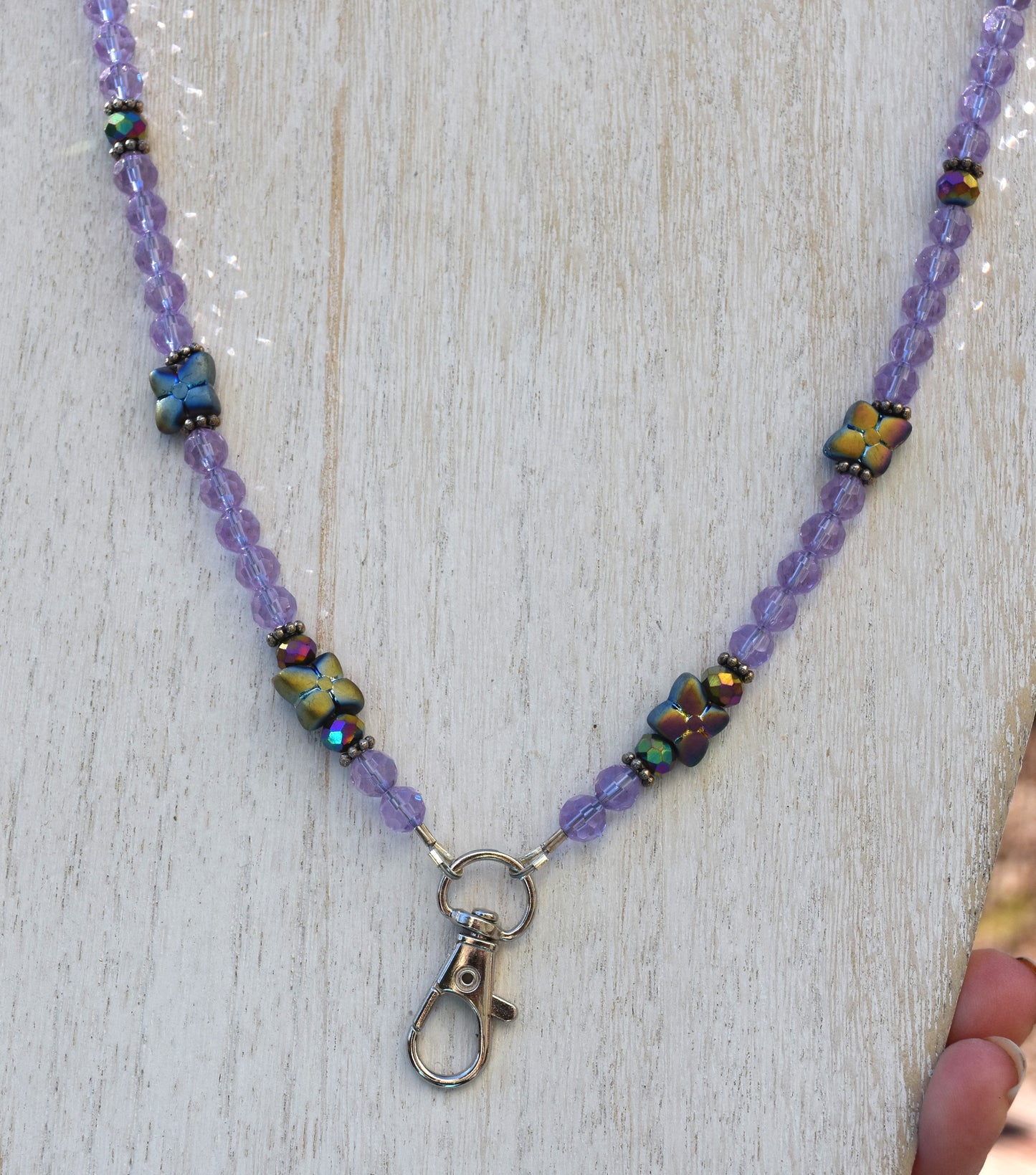 Adjustable Purple Flower Beaded Lanyard, Swivel Clip, 26"