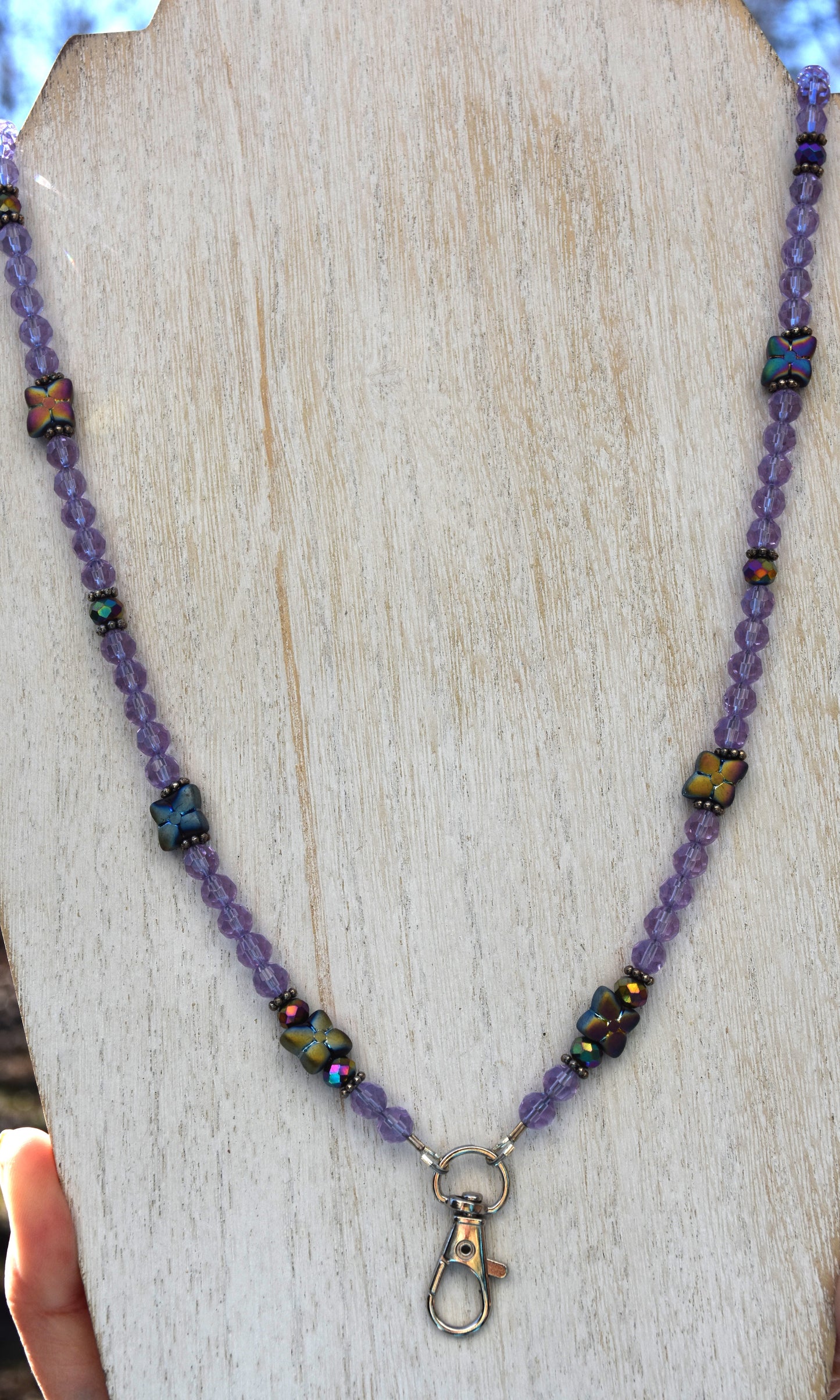 Adjustable Purple Flower Beaded Lanyard, Swivel Clip, 26"