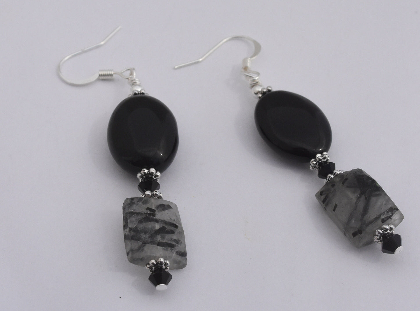 Black Agate and Banded Quartz Earrings