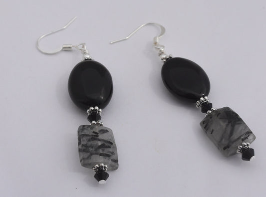 Black Agate and Banded Quartz Earrings