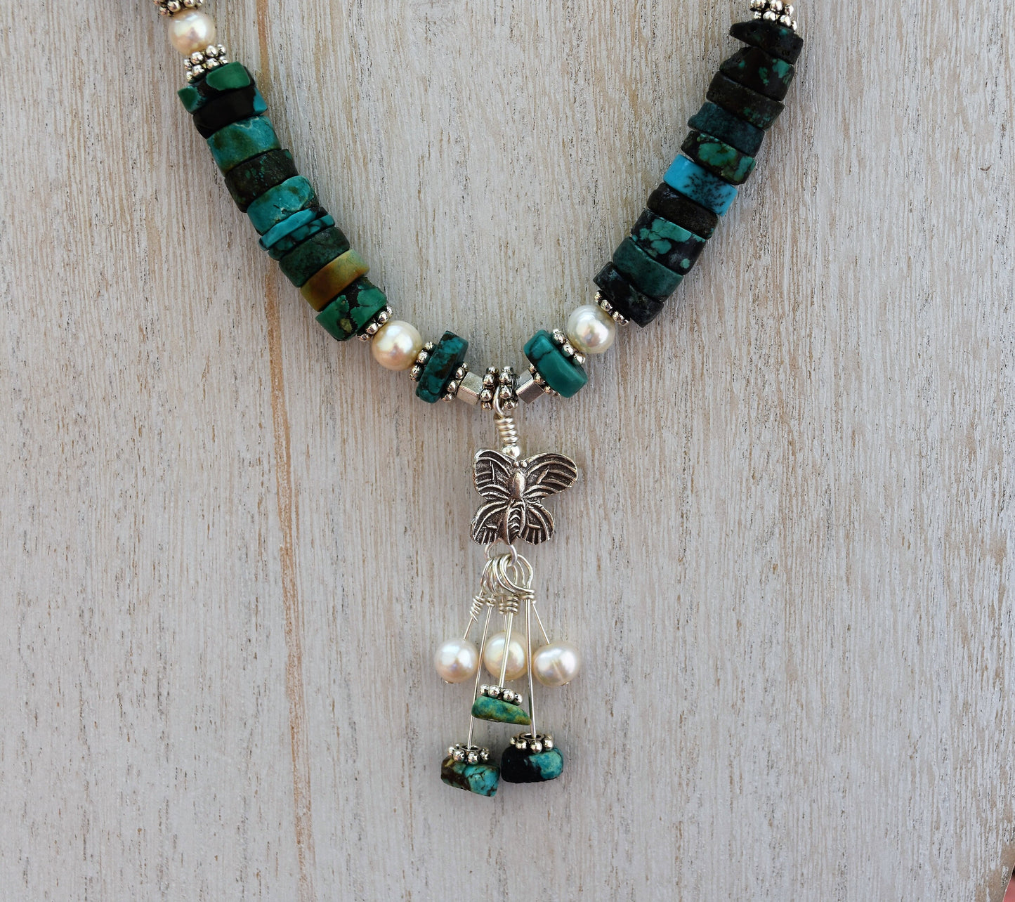 Turquoise and Pearl Butterfly Choker Necklace