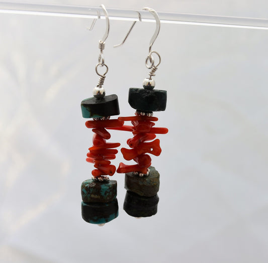Turquoise and Coral Stack Earrings