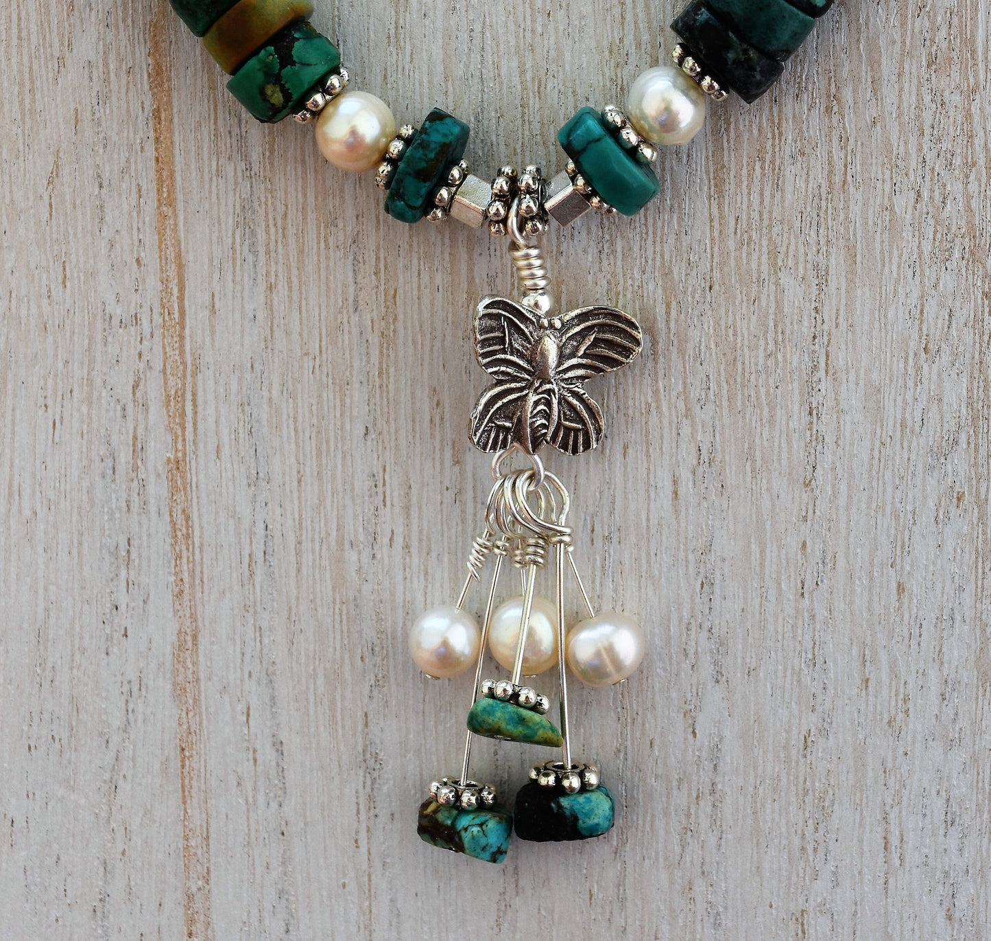 Turquoise and Pearl Butterfly Choker Necklace